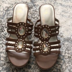 Brown Cork Slide-On Wedges with Studs and Jewels